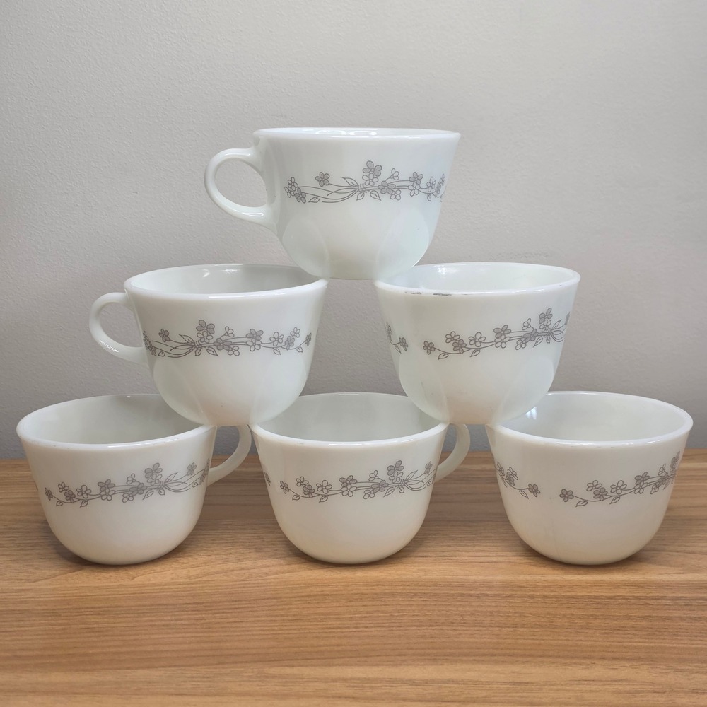 Vintage Pyrex Corning Gray Ribbon Bouquet Coffee Or Tea‎ Cups Retired Set of 6